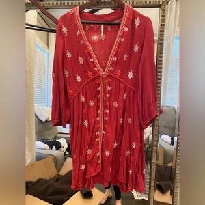 💃 FREE PEOPLE RED EMBROIDERED TUNIC DRESS SZ LG